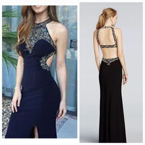 Betsy & Adam Beaded Halter Illusions Open Back Formal Gown Dress Sz 2 Navy Blue